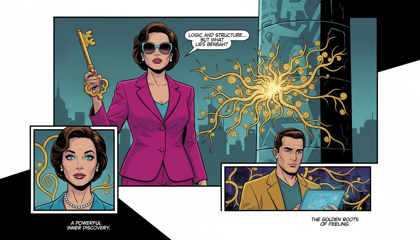 A stone pillar representing logic with glowing golden roots growing from it, symbolizing the process of ESTJ personal growth and developing emotional depth. estj-personal-growth-guide-bestie-ai.webp