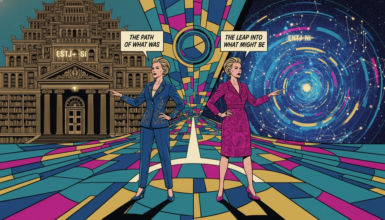 A symbolic representation of the ESTJ vs ENTJ differences, showing a figure choosing between a path of established knowledge (a library) and a path of future possibilities (constellations). estj-vs-entj-differences-bestie-ai.webp