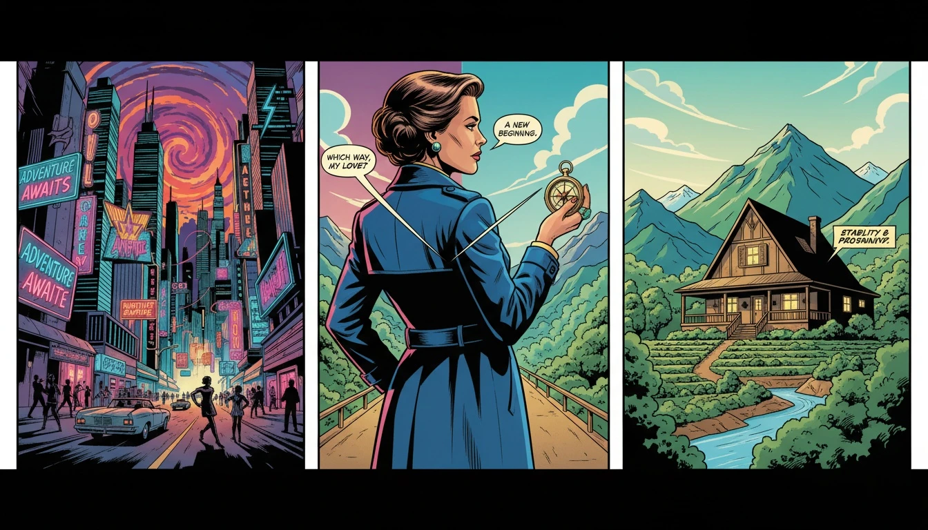 A visual representation of the ESTP decision making process, showing a person choosing between a path of adventure and a path of stability, symbolizing the balance of risk and reward. Filename: estp-decision-making-process-bestie-ai.webp