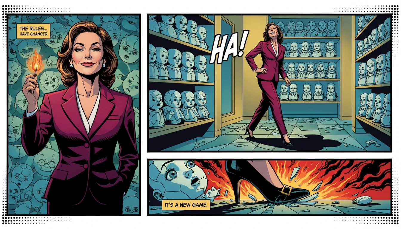 A powerful depiction of ESTP female traits, showing a confident woman in a suit breaking free from old-fashioned stereotypes represented by porcelain dolls. estp-female-traits-bestie-ai.webp