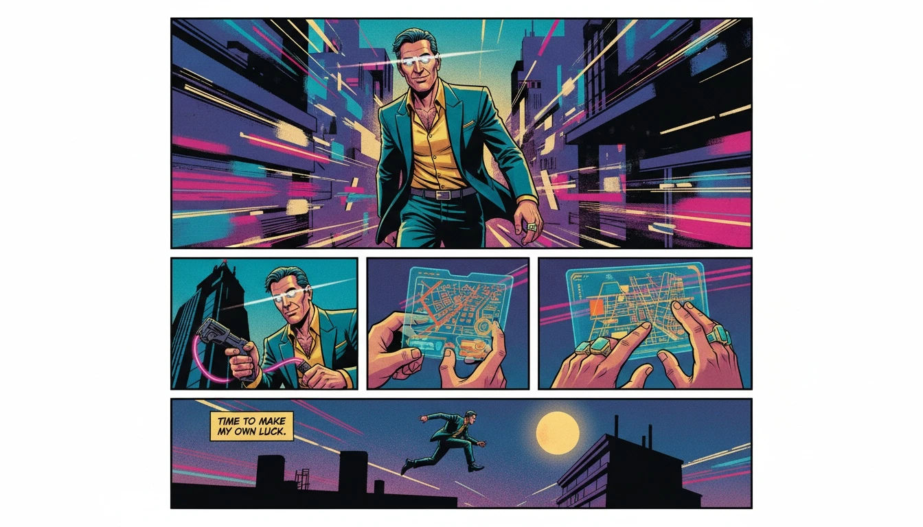 A dynamic image of a charismatic hero, representing the core traits of ESTP fictional characters, moving confidently through a blurred city, showcasing their ability to thrive in the moment. estp-fictional-characters-bestie-ai.webp