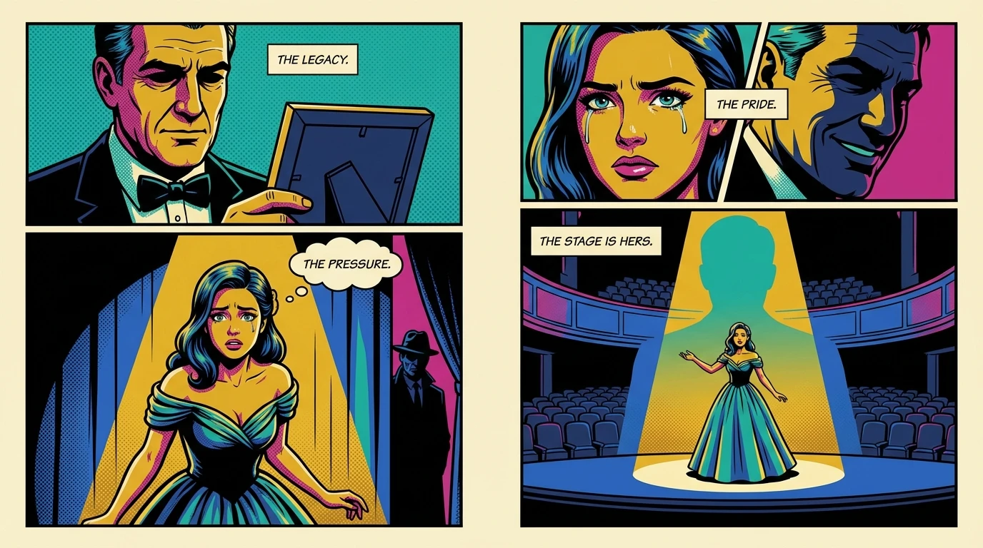 A symbolic image representing the Ethan Hawke Maya Hawke relationship, showing a young actress on stage with the proud silhouette of her father in the background, illustrating the father's influence on his daughter's career. Filename: ethan-hawke-maya-hawke-relationship-bestie-ai.webp