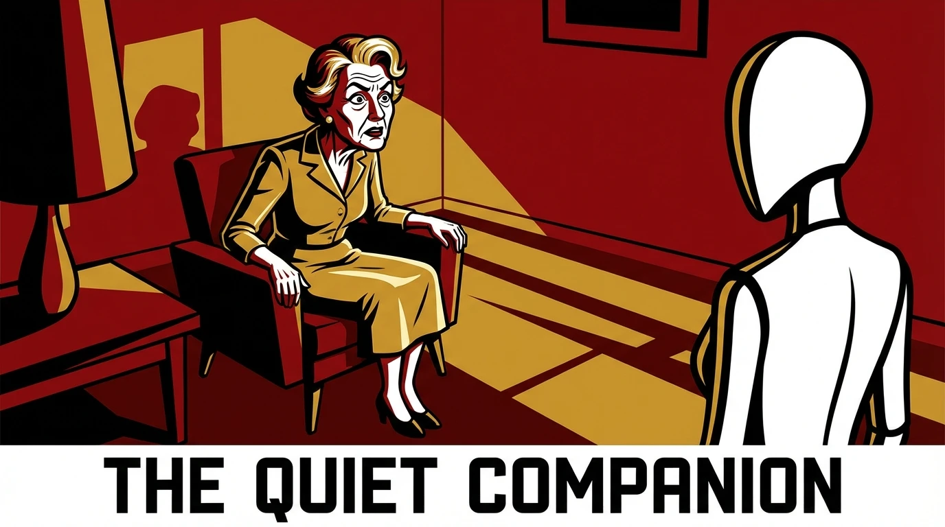 An elderly woman considers the complex ethics of AI companions for elderly care as she sits with a minimalist robot in her quiet living room. Filename: ethics-of-ai-companions-for-elderly-bestie-ai.webp