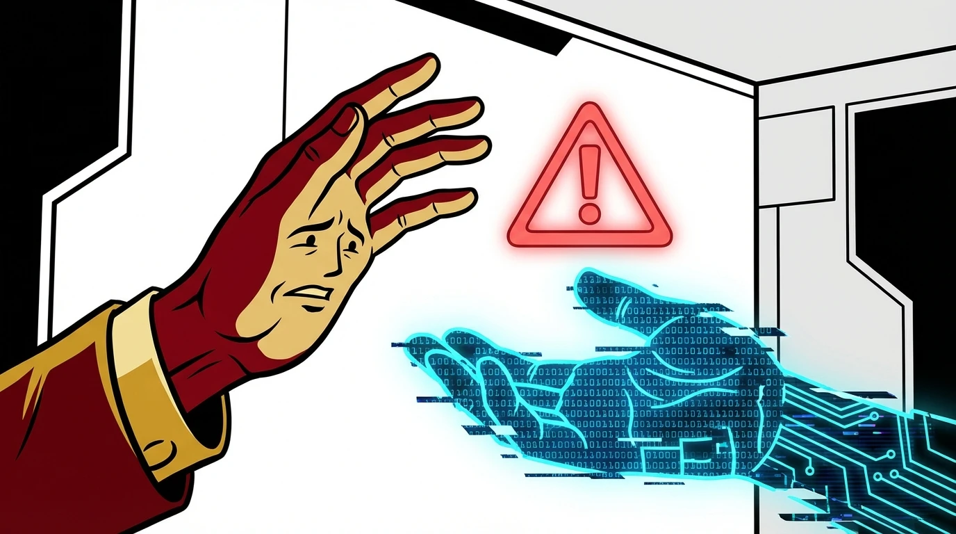 A symbolic image illustrating the ethics of AI in speech therapy, showing a human hand cautiously approaching a digital one, representing the need for professional oversight and patient safety. filename: ethics-of-ai-in-speech-therapy-bestie-ai.webp