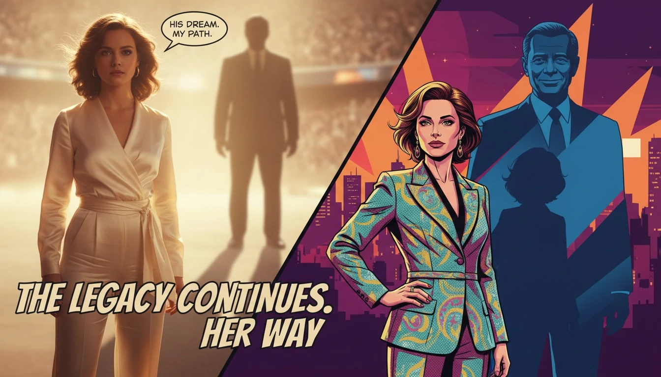 An artistic representation of the Eve Hewson and Bono relationship, showing a woman forging her own path with the gentle legacy of her famous father in the background. Filename: eve-hewson-and-bono-relationship-bestie-ai.webp