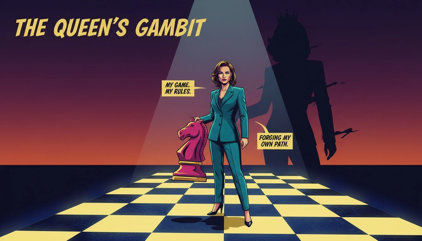 A symbolic representation of the Eve Hewson career path analysis: a woman making a strategic move on a chessboard, stepping out of a large shadow and into her own spotlight. Filename: eve-hewson-career-path-analysis-bestie-ai.webp