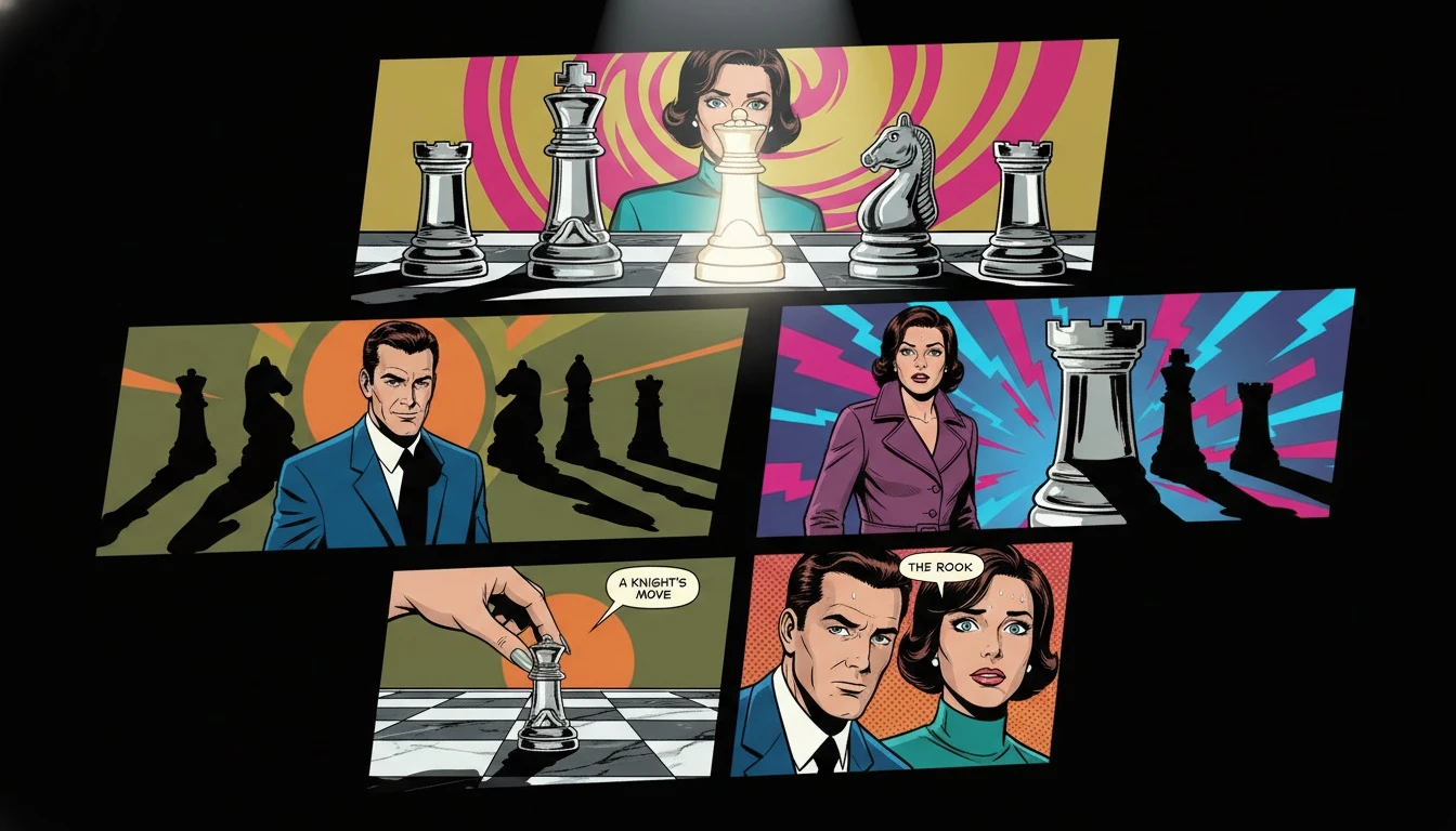 Symbolic chess pieces under a spotlight, illustrating how Eve Hewson strategically built her career among successful nepo babies in hollywood.webp