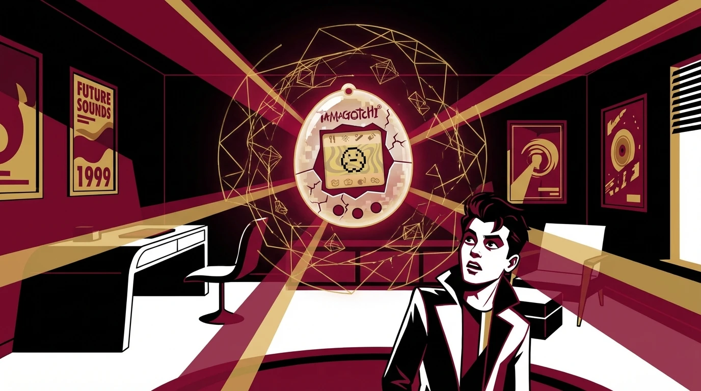 An image illustrating the evolution of ai pet companions, showing a nostalgic virtual pet transforming into a futuristic AI network. filename: evolution-of-ai-pet-companions-bestie-ai.webp