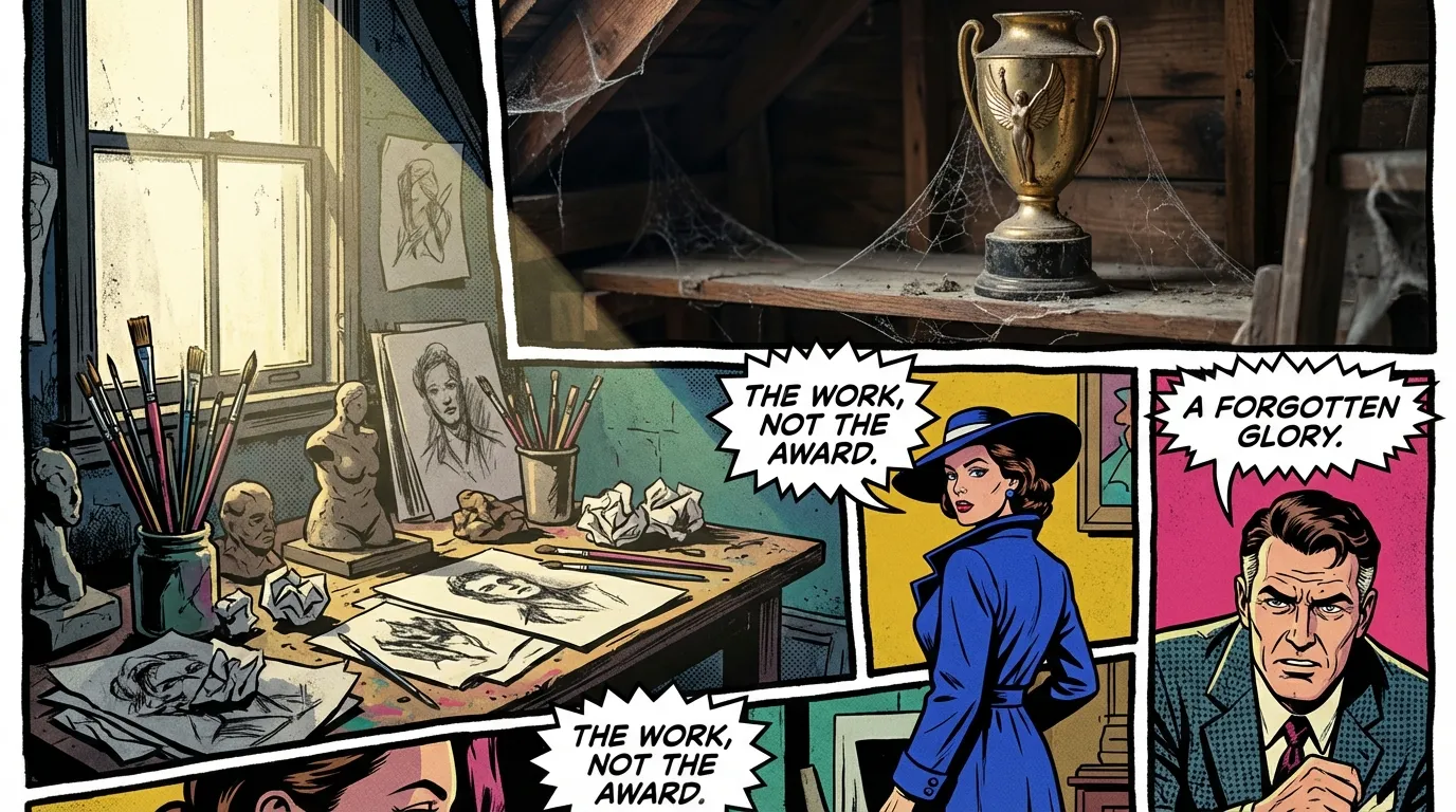 A symbolic image showing the difference in external vs internal validation, where an artist's workbench is valued over a forgotten trophy. Filename: external-vs-internal-validation-redefining-success-bestie-ai.webp