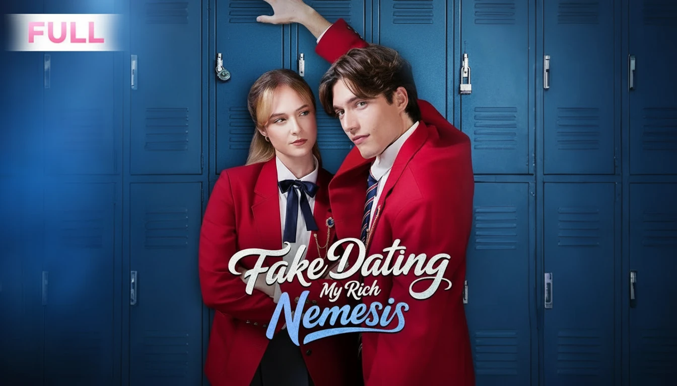 A dramatic shot of Tessa and Ronan from Fake Dating My Rich Nemesis, illustrating their intense chemistry and rivalry.