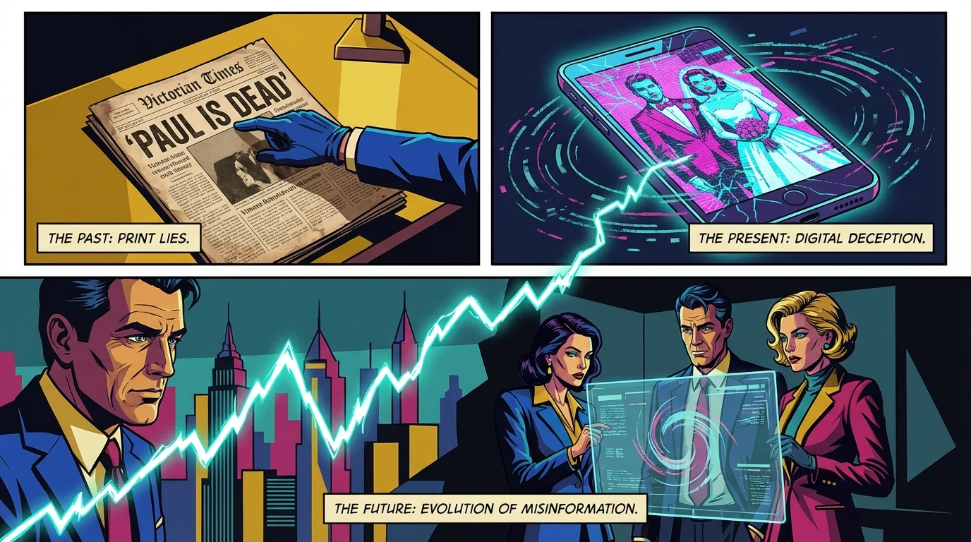 A conceptual image illustrating the history of famous celebrity death hoaxes, showing an old newspaper next to a modern phone with a fake rumor. Filename: famous-celebrity-death-hoaxes-bestie-ai.webp