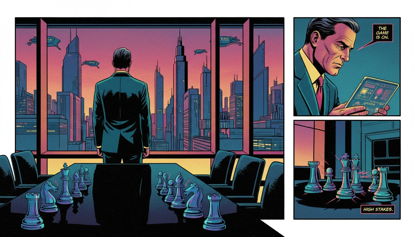 A symbolic representation of famous ENTJ leaders, showing a commanding figure strategically moving chess pieces while overlooking a city, illustrating their visionary and decisive nature. bestie-ai-famous-entj-leaders.webp