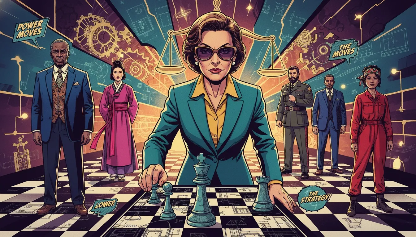 Inspirational image showing the strategic mindset of famous ESTJ people, represented by a diverse group of leaders on a chessboard. filename: famous-estj-people-bestie-ai.webp