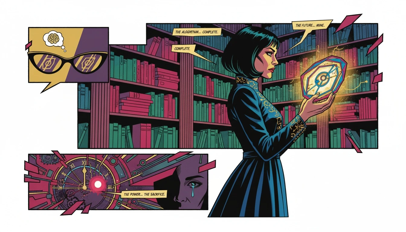 An artistic depiction of the intellectual power of famous INTJ women, showing a woman in a library holding a glowing geometric shape, symbolizing strategic vision and breaking stereotypes. famous-intj-women-bestie-ai.webp