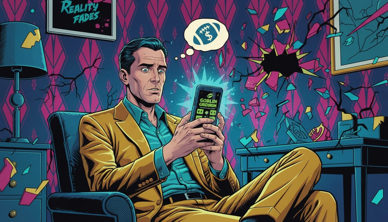 A man sitting alone in the dark, his face lit by his phone, illustrates the isolating nature of fantasy football addiction signs. filename: fantasy-football-addiction-signs-bestie-ai.webp