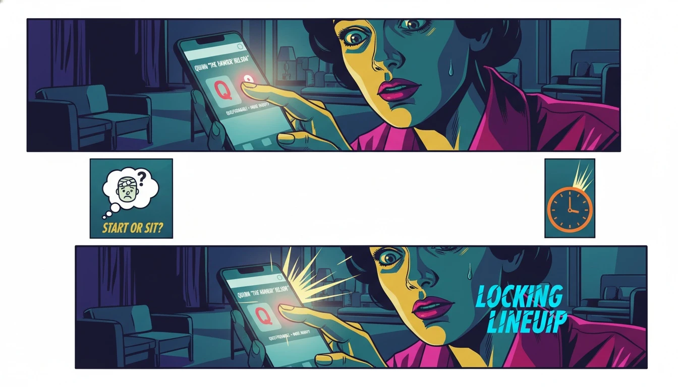 A close-up on a phone showing a crucial decision moment, representing the core of a fantasy football strategy for questionable players. Filename: fantasy-football-strategy-for-questionable-players-bestie-ai.webp