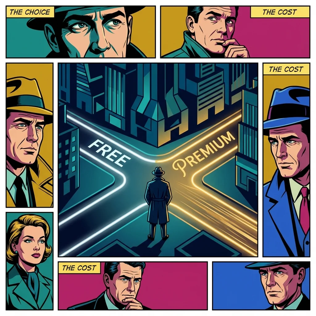 A person contemplating their FantasyGF pricing options, represented by a choice between a simple free path and a glowing premium path. fantasygf-pricing-free-vs-paid-bestie-ai.webp