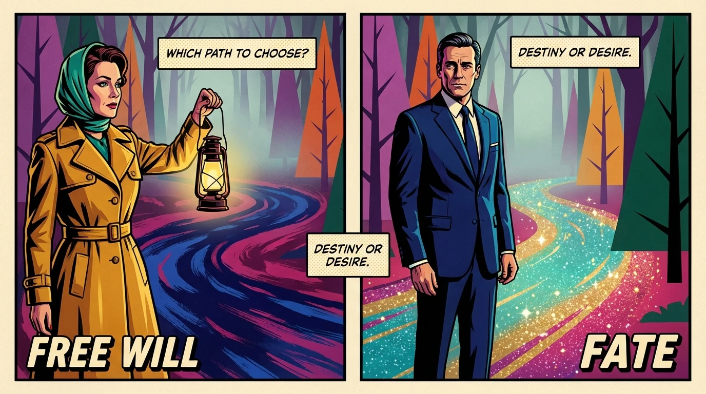 A person at a crossroads contemplating fate vs free will in relationships, holding a lantern to light their own path forward. filename: fate-vs-free-will-in-relationships-bestie-ai.webp