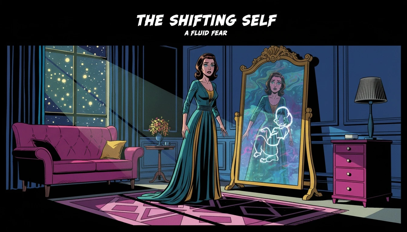 A woman observing her reflection, capturing the internal struggle and fear of body changes during pregnancy in a symbolic, artistic style-bestie-ai.webp