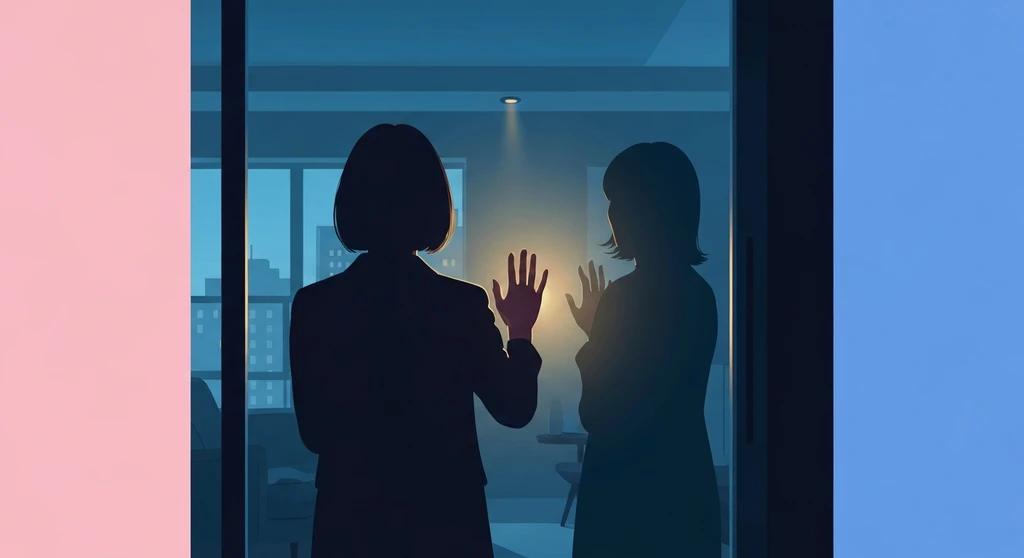 A person reflecting on fear of intimacy signs while standing behind a glass wall in a dimly lit room, fear-of-intimacy-signs-bestie-ai.webp