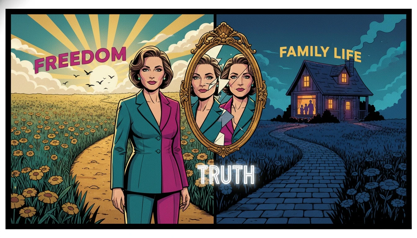 A woman contemplating her future and the fear of pregnancy vs childfree by choice at a symbolic crossroads in a mist-covered landscape-bestie-ai.webp