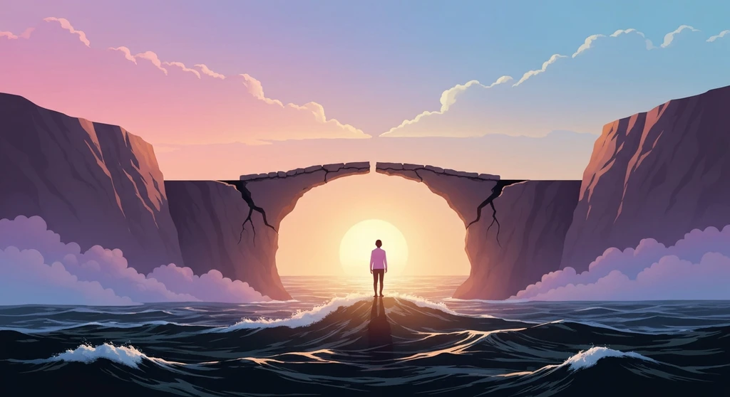 fearful-avoidant-internal-monologue-bestie-ai.webp. A person standing between a stormy sea and a calm sunrise representing the fearful avoidant internal monologue.