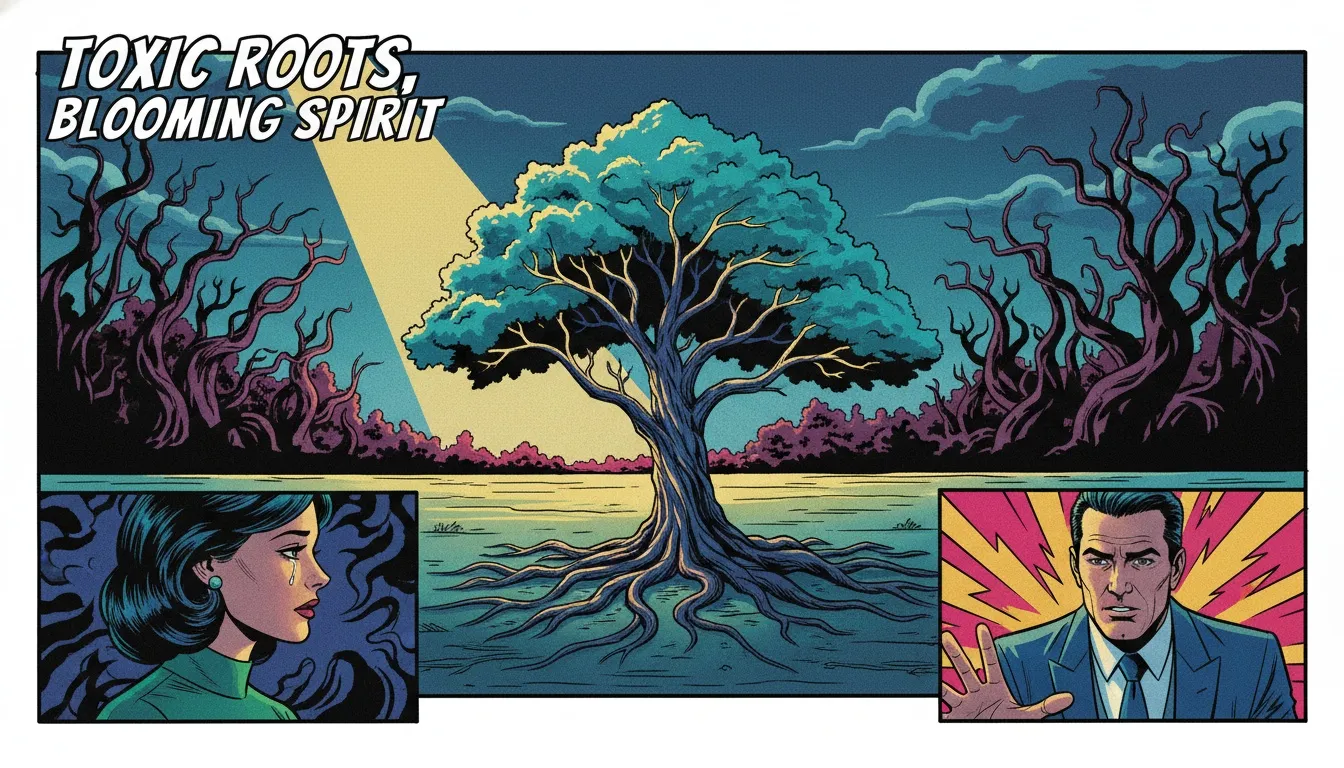 A lone tree stands in the sun, symbolizing healing from the pain of feeling abandoned by family, represented by a dark forest in the background. filename: feeling-abandoned-by-family-bestie-ai.webp