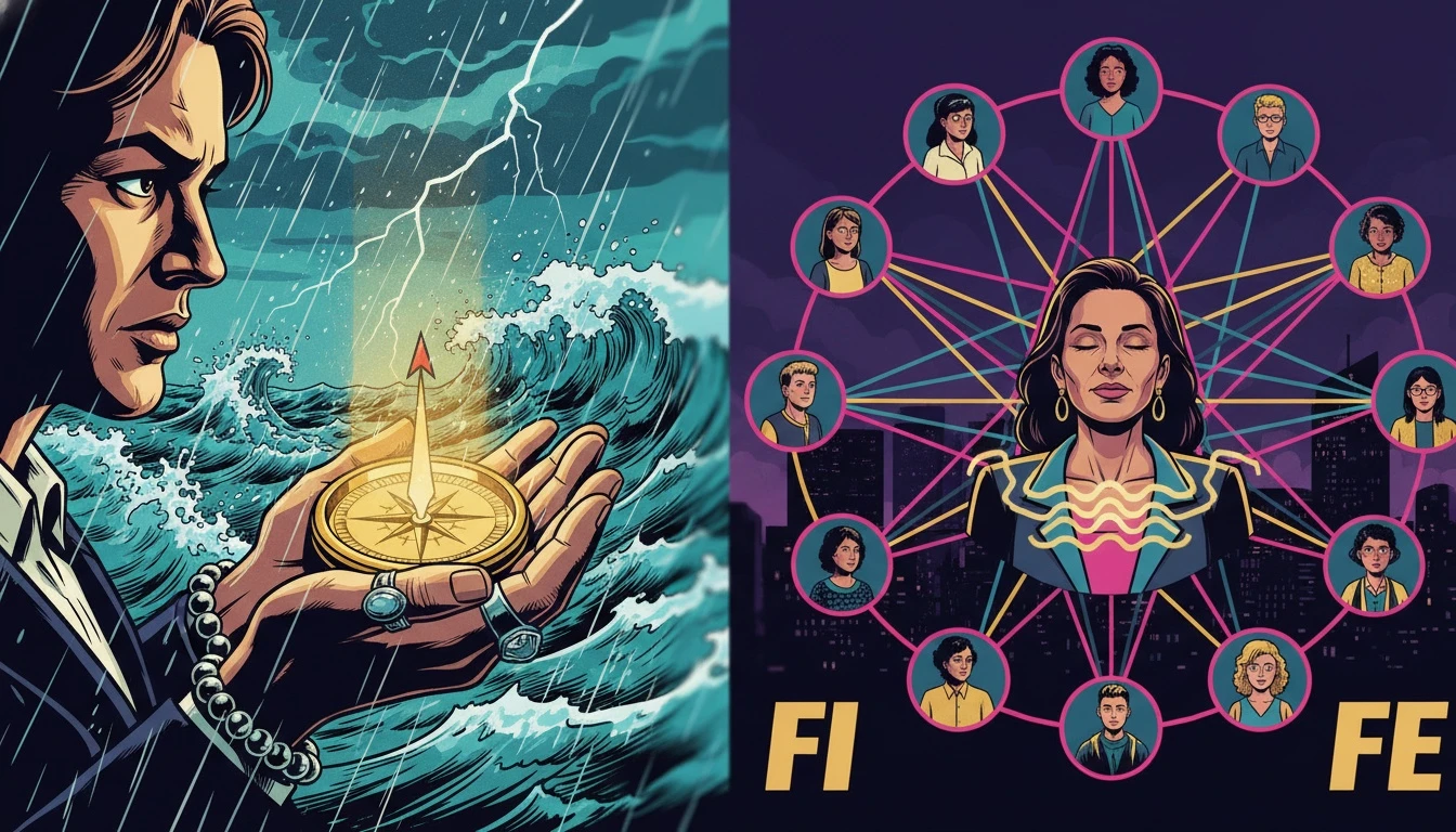A symbolic image explaining the difference between Fi and Fe in Feeling personality types, showing an inner compass versus a social network. feeling-personality-types-fi-vs-fe-explained.webp