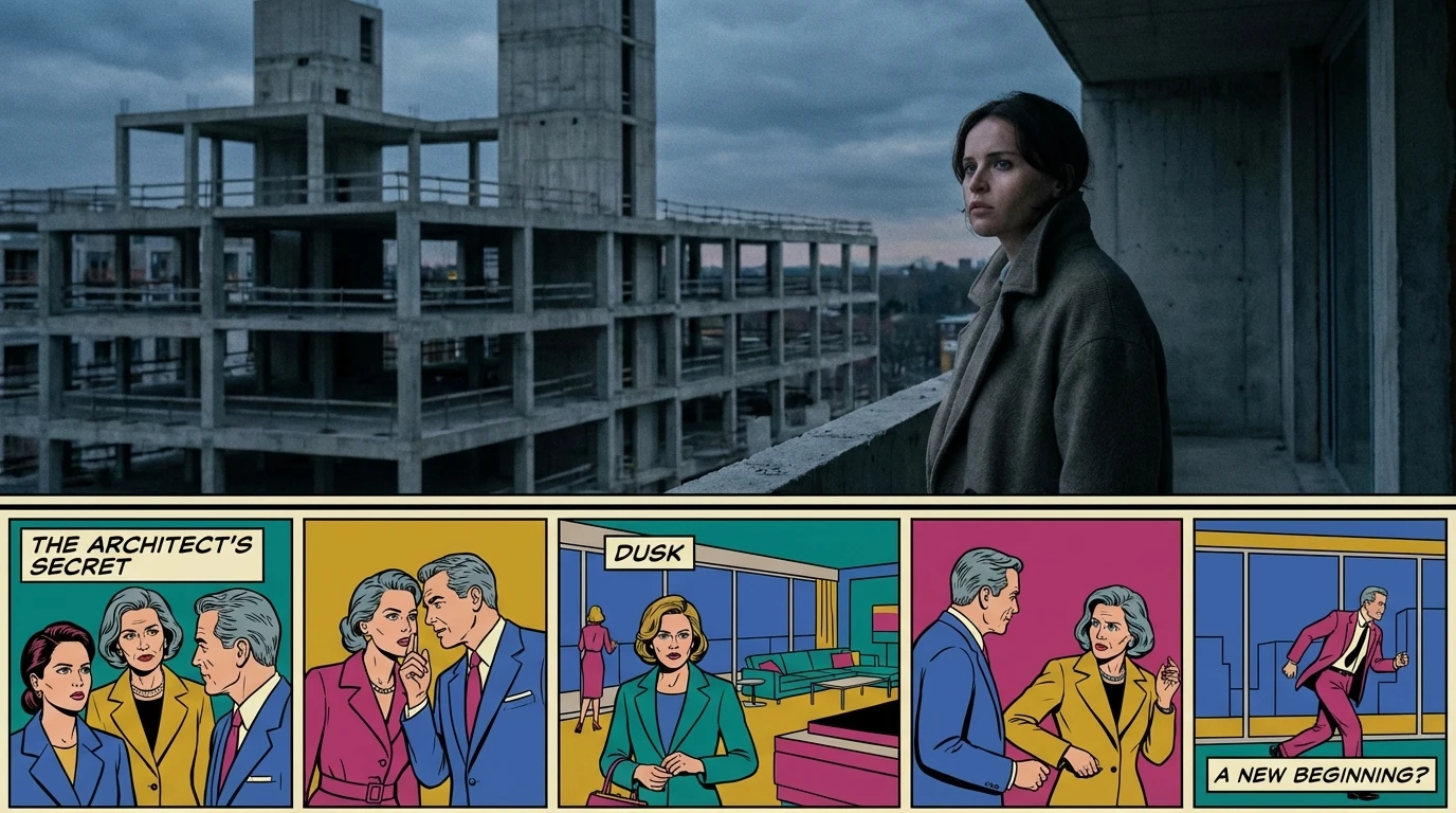 A cinematic depiction of the themes in The Brutalist, illustrating the emotional weight of the character played by Felicity Jones in the powerful film. felicity-jones-the-brutalist.webp
