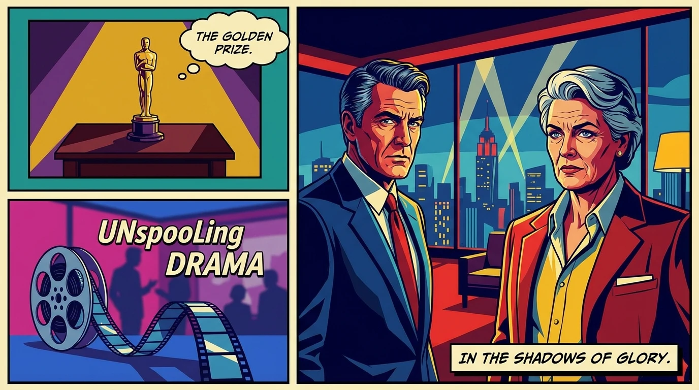 An image symbolizing the Oscar buzz for Felicity Jones: a golden statuette on a table with a film reel in the background, representing the prestige and artistic journey of awards season. Filename: felicity-jones-oscar-buzz-bestie-ai.webp