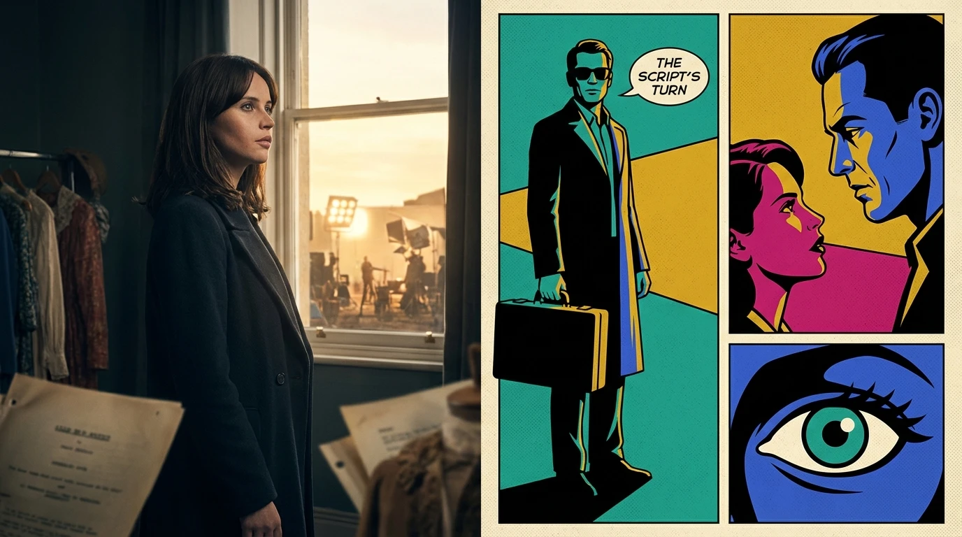 A symbolic image representing the bright future of Felicity Jones upcoming movies 2025, showing the actress looking towards a new film set. filename: felicity-jones-upcoming-movies-2025-bestie-ai.webp