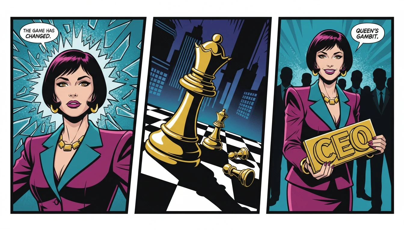 A powerful visual representation of female ENTJ strengths and weaknesses, showing a confident woman as a strategic queen who has broken the glass ceiling. Filename: female-entj-strengths-and-weaknesses-bestie-ai.webp