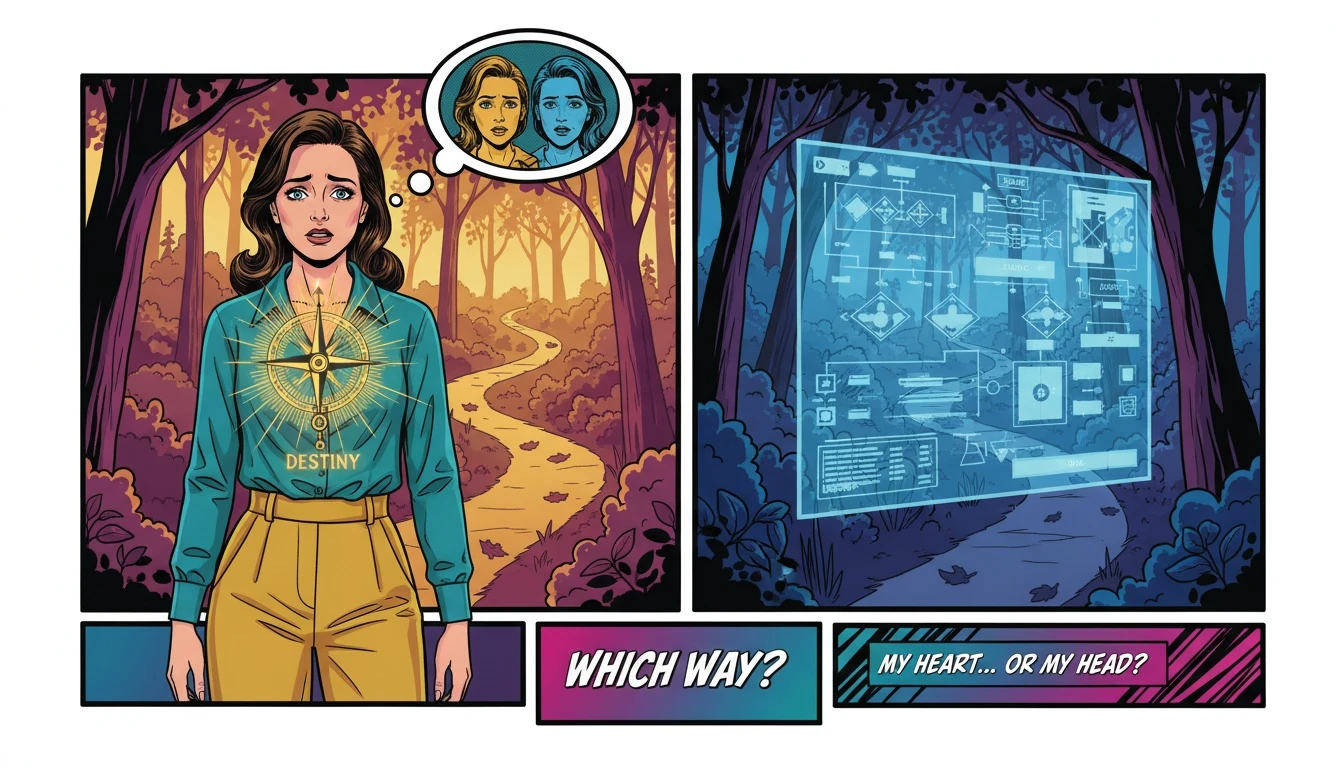 A symbolic forest scene illustrating the concept of Fi vs Ti cognitive functions explained, showing a choice between a path led by a heart compass and a path led by a logical blueprint.webp