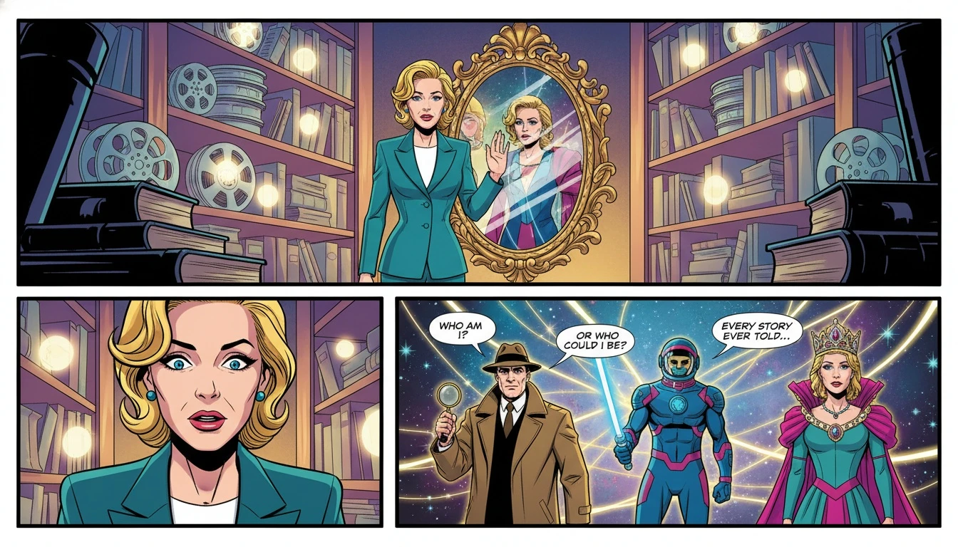 A symbolic image representing the psychology behind a fictional character mbti database, showing a person seeing famous fictional archetypes in their own reflection in a mirror. Filename: fictional-character-mbti-database-psychology-bestie-ai.webp