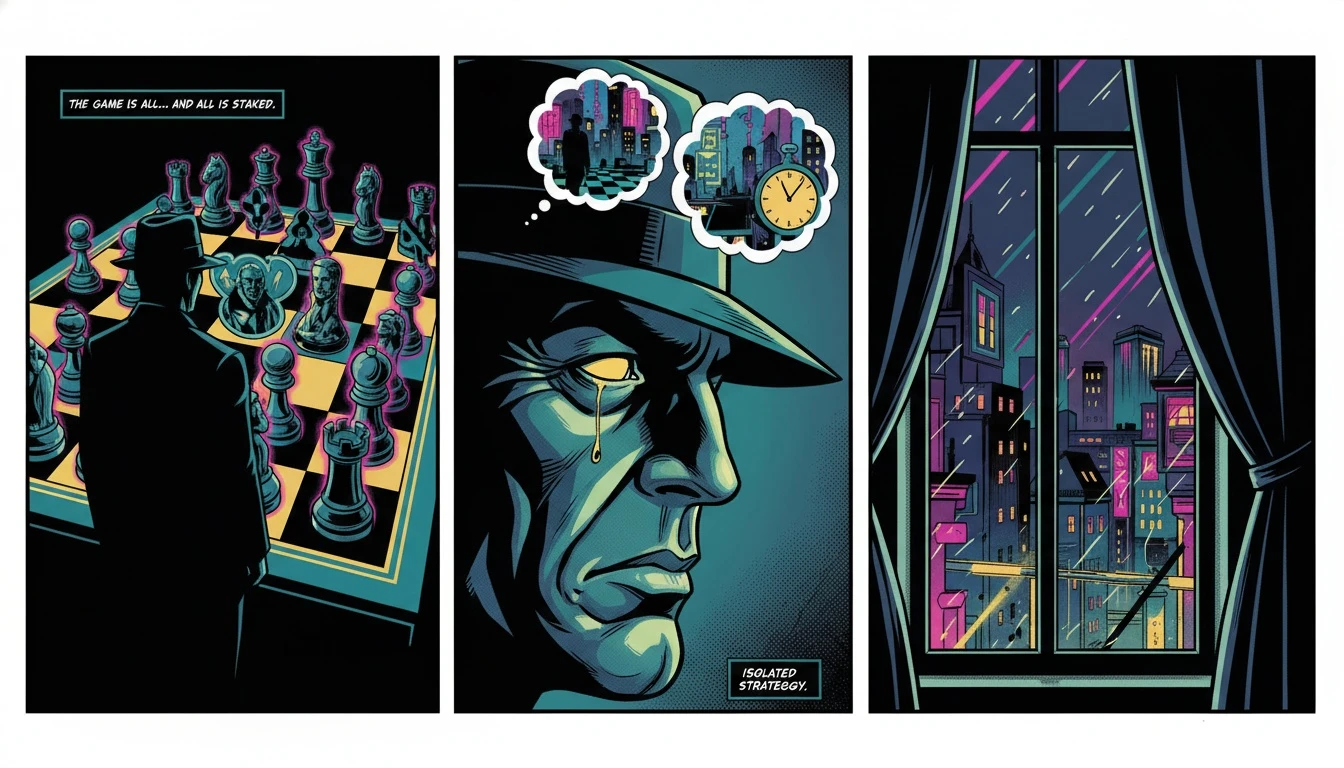 A symbolic image representing fictional characters with INTJ personality, showing a mastermind figure planning moves on a glowing chessboard, contemplating their complex moral framework. fictional-characters-intj-personality-villains-bestie-ai.webp