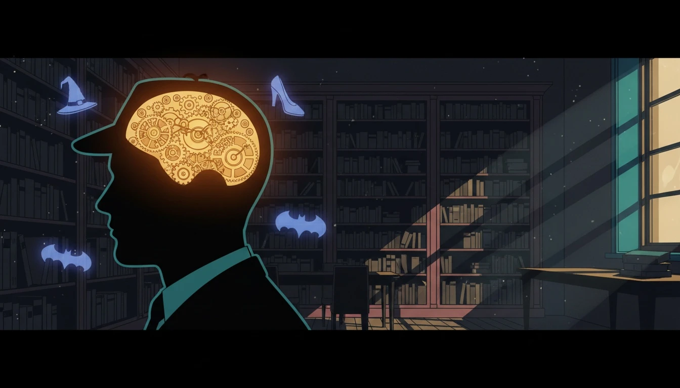 An artistic representation of analyzing fictional characters mbti types, showing a silhouette's head filled with glowing gears, surrounded by symbols of famous characters. Filename: fictional-characters-mbti-types-bestie-ai.webp