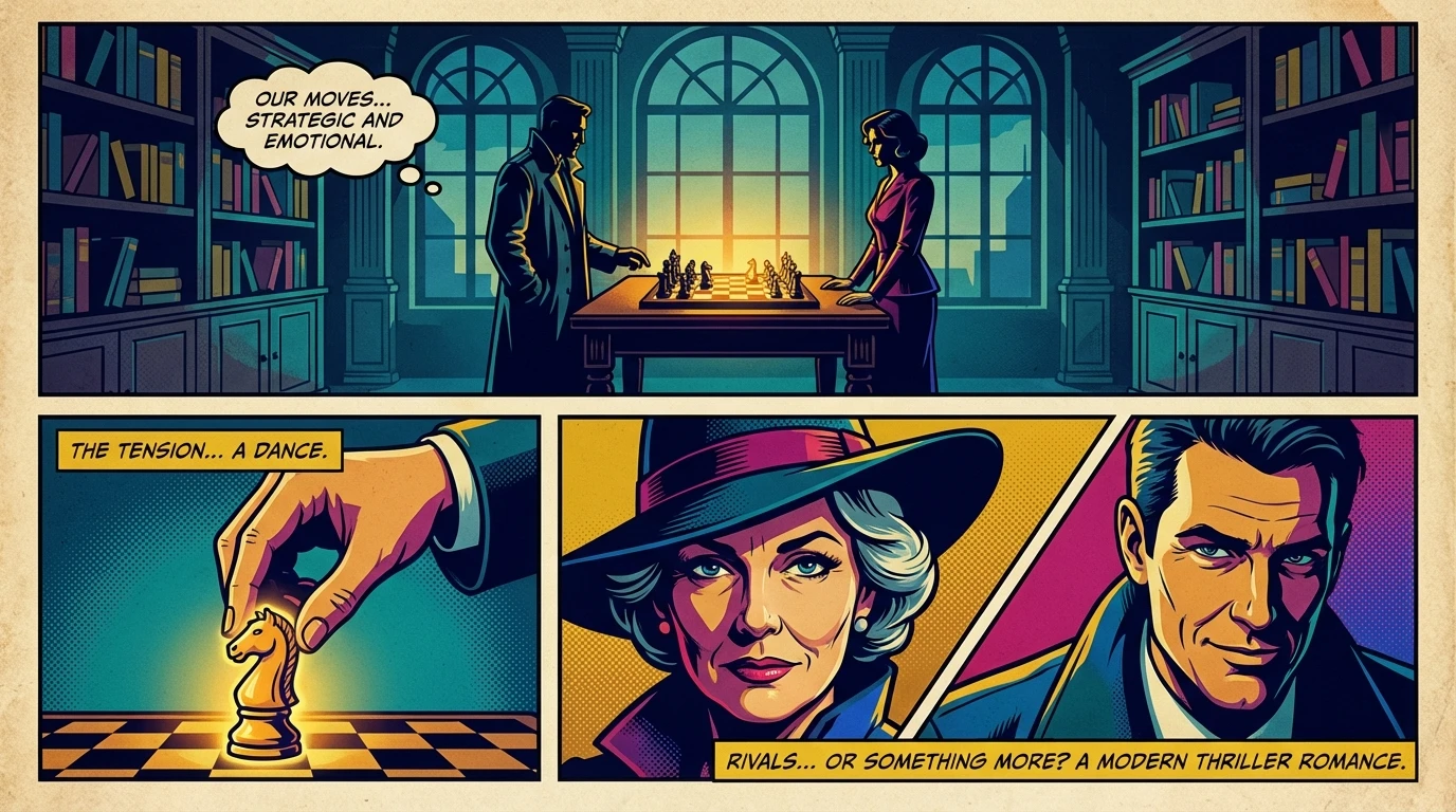 An evocative image exploring the dynamics of fictional relationships vs real life, showing two rivals over a glowing chessboard which represents their intense connection. Filename: fictional-relationships-vs-real-life-bestie-ai.webp