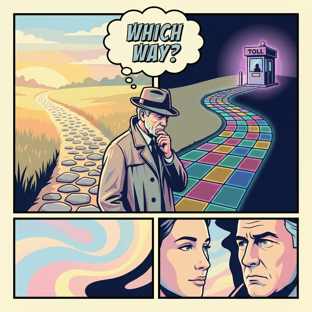 A person considers their path in a symbolic representation of the Finch app free vs paid decision, weighing simplicity against premium features. Filename: finch-app-free-vs-paid-bestie-ai.webp