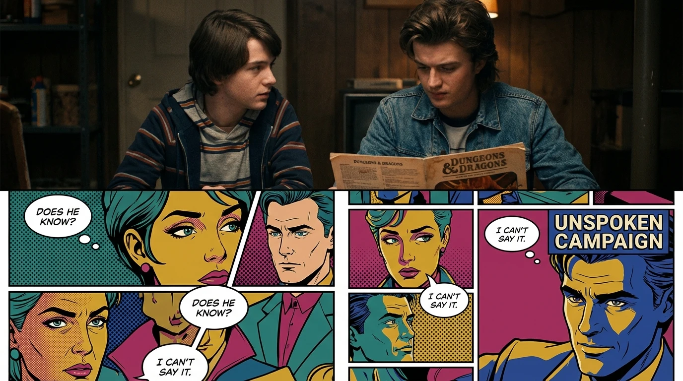 An evocative image exploring the Finn Wolfhard take on the Byler theory, showing two boys in a basement with unspoken feelings between them. Filename: finn-wolfhard-byler-theory-bestie-ai.webp