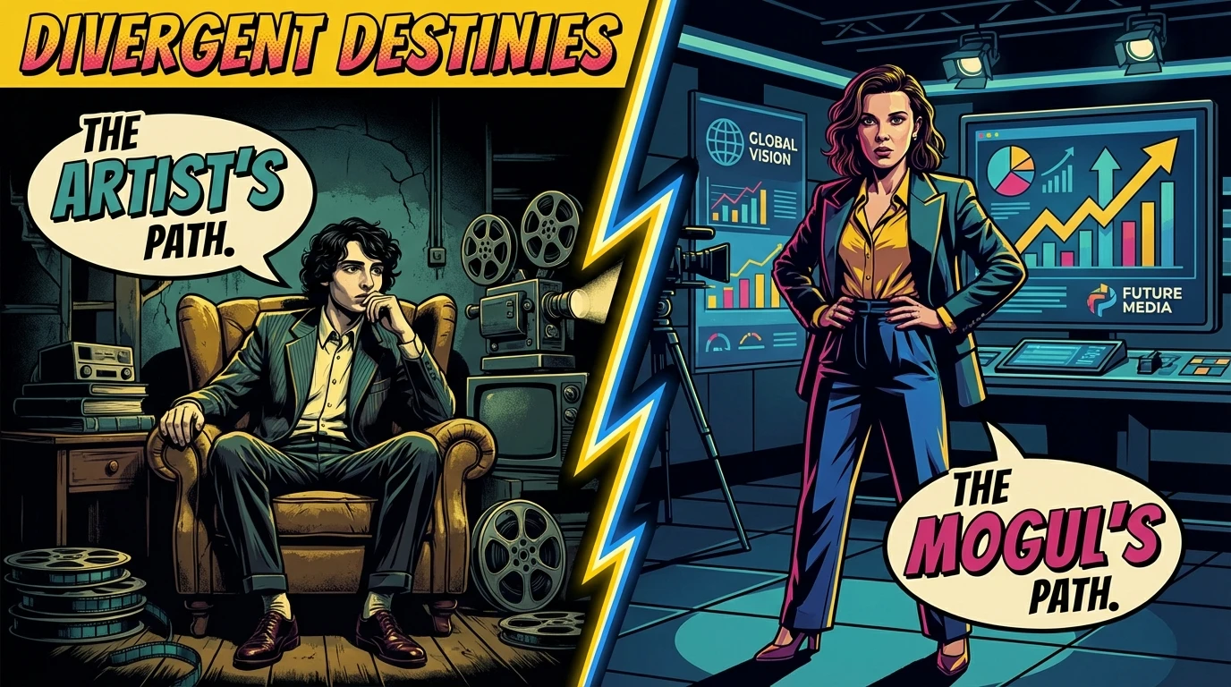 A symbolic split-screen image exploring the Finn Wolfhard vs Millie Bobby Brown career paths: one side showing an indie artist in a cinema, the other a business mogul on a modern set. Filename: finn-wolfhard-vs-millie-bobby-brown-career-bestie-ai.webp