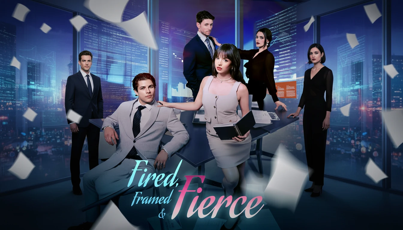 A dramatic still from Fired Framed And Fierce, showing the determined female lead Jessica facing off against a corporate villain, symbolizing revenge and triumph.