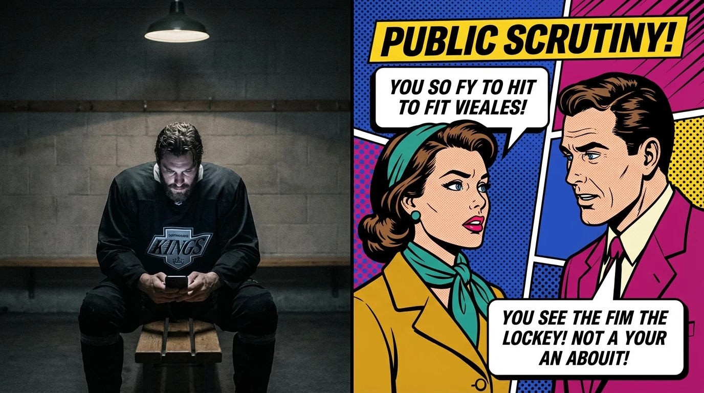 A thoughtful depiction of the François Arnaud sex scene controversy, showing a hockey player in a locker room reflecting the drama's psychological weight. heated-rivalry-francois-arnaud-controversy-bestie-ai.webp