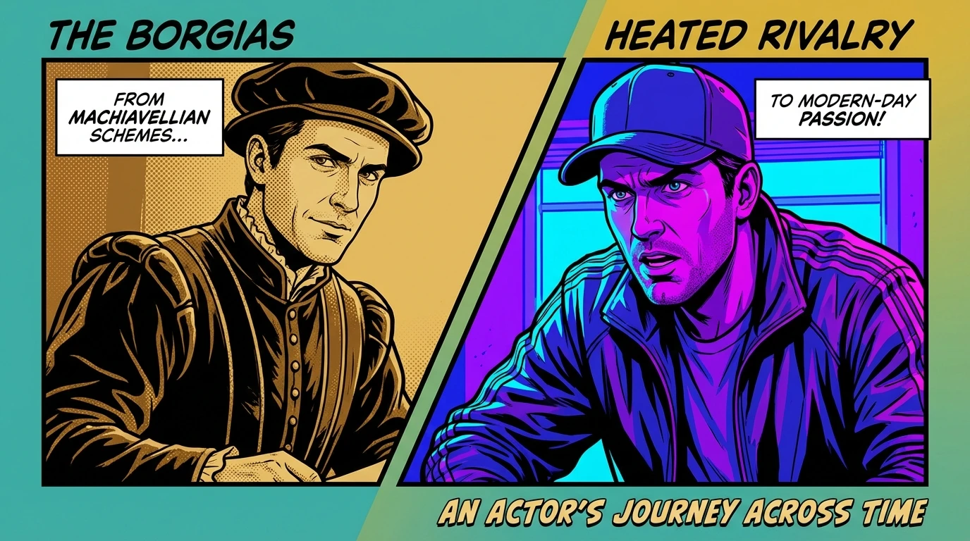 An image depicting the evolution in the François Arnaud movies and tv shows list, contrasting his role in 'The Borgias' with his modern character in 'Heated Rivalry'. Filename: francois-arnaud-movies-and-tv-shows-list-bestie-ai.webp