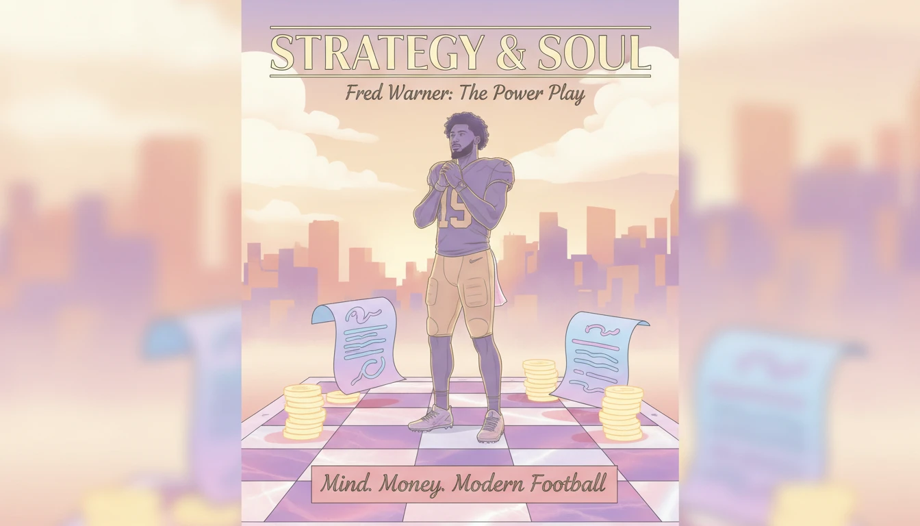 A symbolic image explaining the Fred Warner contract details, showing him as a strategic piece on a financial chessboard, representing his value to the 49ers. filename: fred-warner-contract-details-explained-bestie-ai.webp