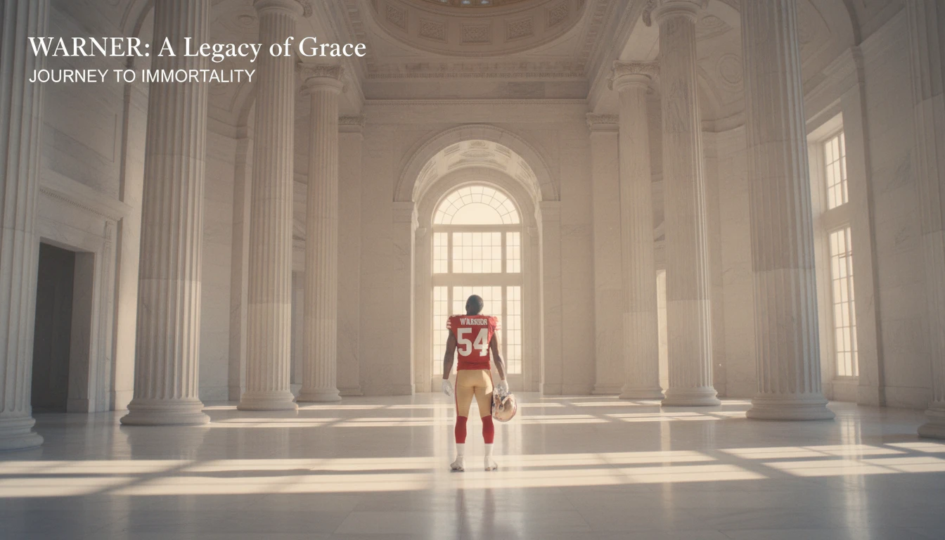 A symbolic image representing the Hall of Fame case for Fred Warner, showing his 49ers jersey in a grand hall to illustrate his elite career stats. is-fred-warner-hall-of-fame-career-stats-bestie-ai.webp