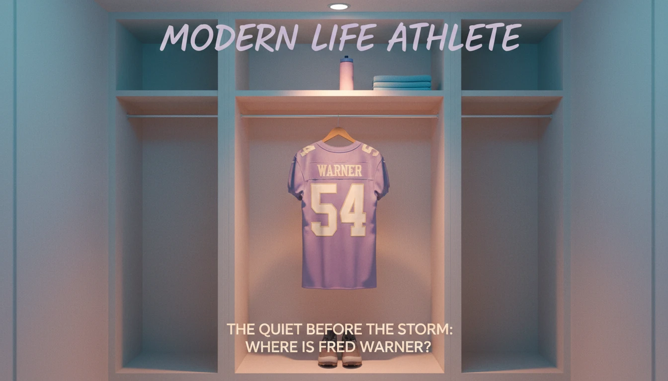 The #54 jersey of Fred Warner hanging in an empty locker, representing the uncertainty of his injury update and his importance to the team. fred-warner-injury-update-bestie-ai.webp