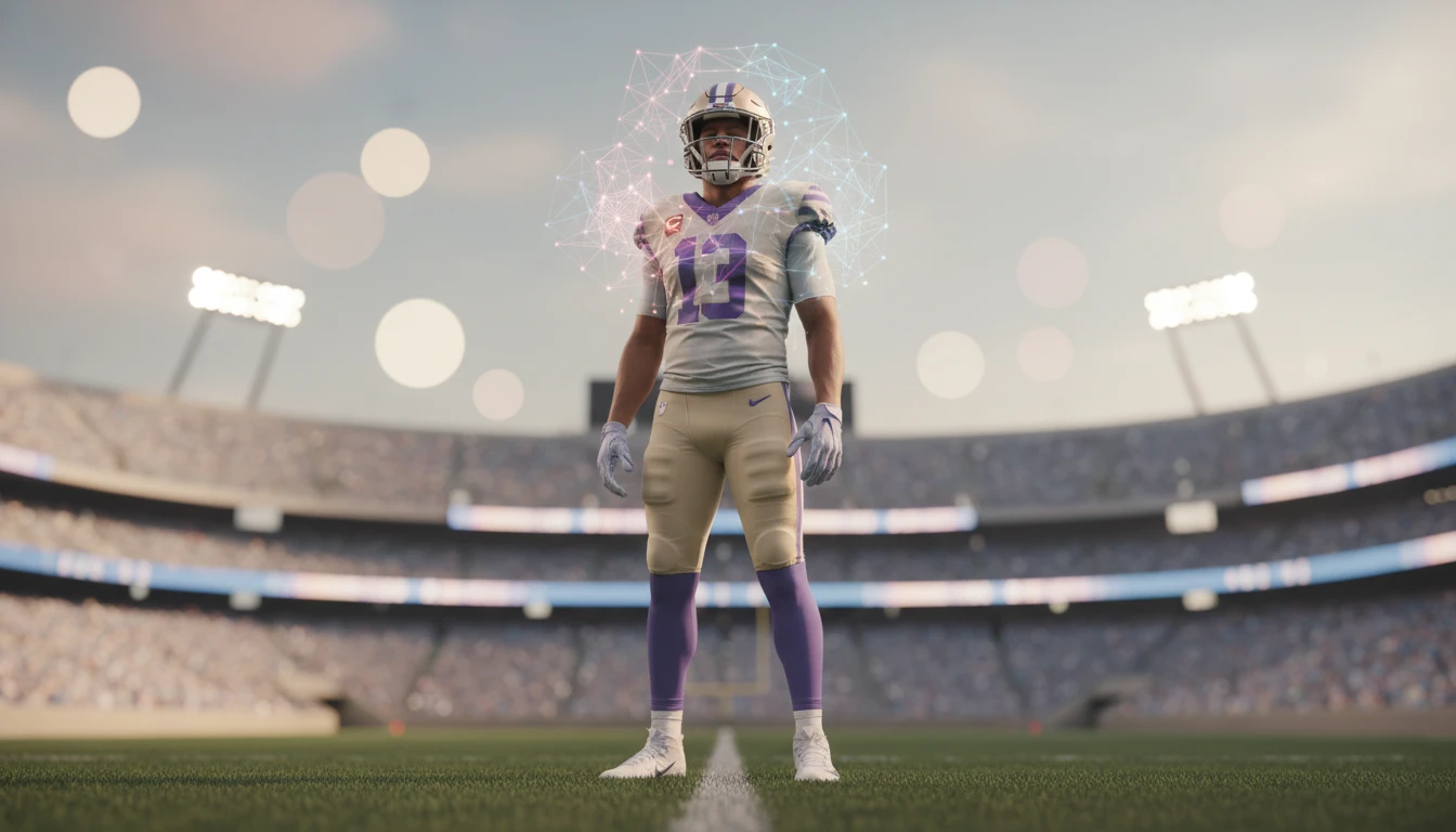 The psychology behind Fred Warner's elite performance, showing him in deep focus on the football field, symbolizing his mental toughness and cognitive skills. fred-warner-mindset-psychology.webp