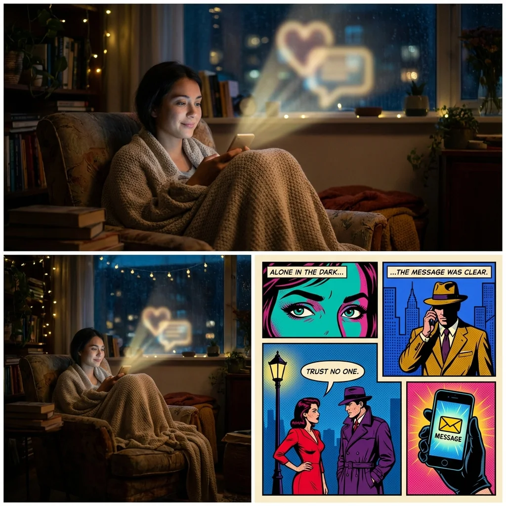 A person finding comfort with one of the best free ai girlfriend chat apps on their phone in a quiet room, illustrating digital companionship. Filename: free-ai-girlfriend-chat-apps-bestie-ai.webp