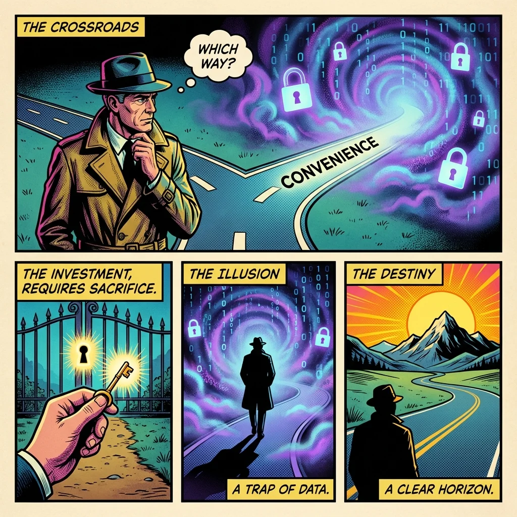 A symbolic image representing the choice of using a free ai life coach app, depicted as a foggy path, versus a paid one shown as a clear path to personal growth. Filename: free-ai-life-coach-app-choice-bestie-ai.webp