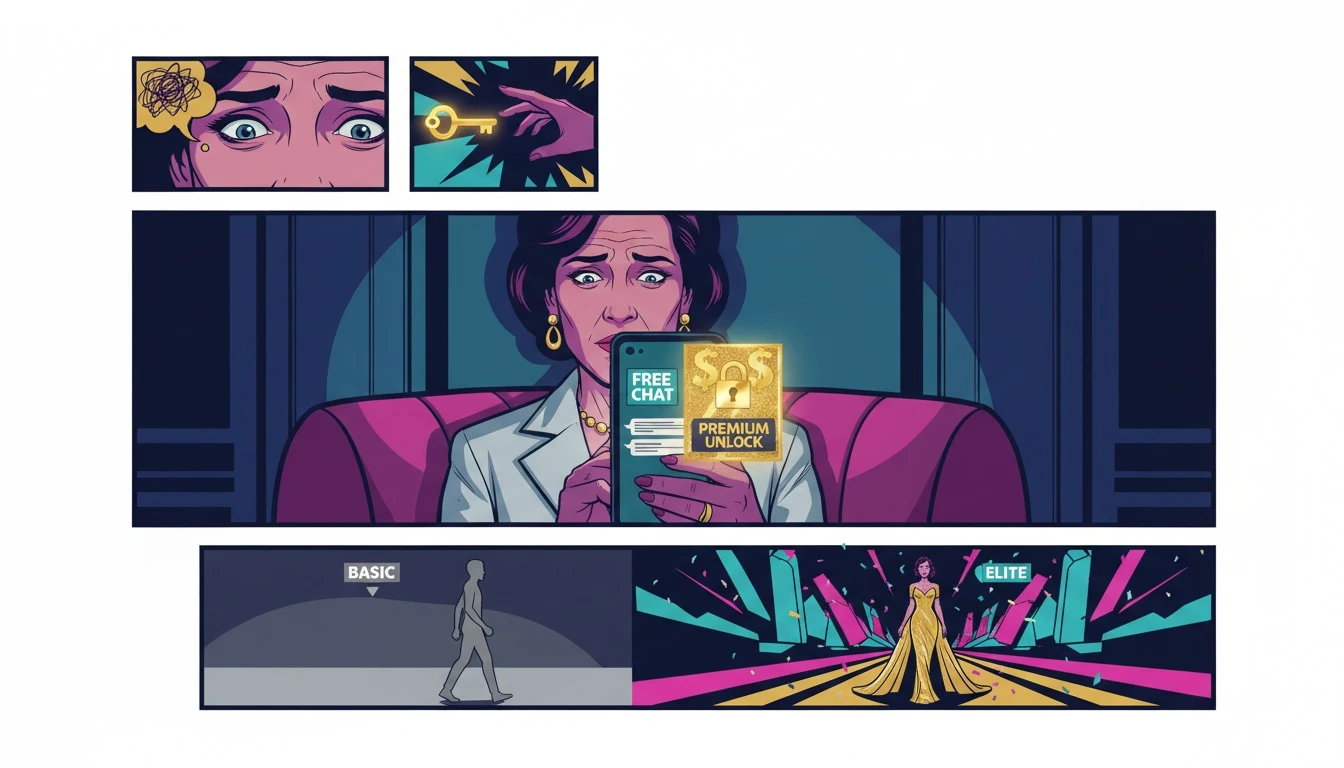 A person considers the value of a free ai therapist, with their phone screen showing a basic chat on one side and premium locked features on the other. filename: free-ai-therapist-vs-paid-bestie-ai.webp